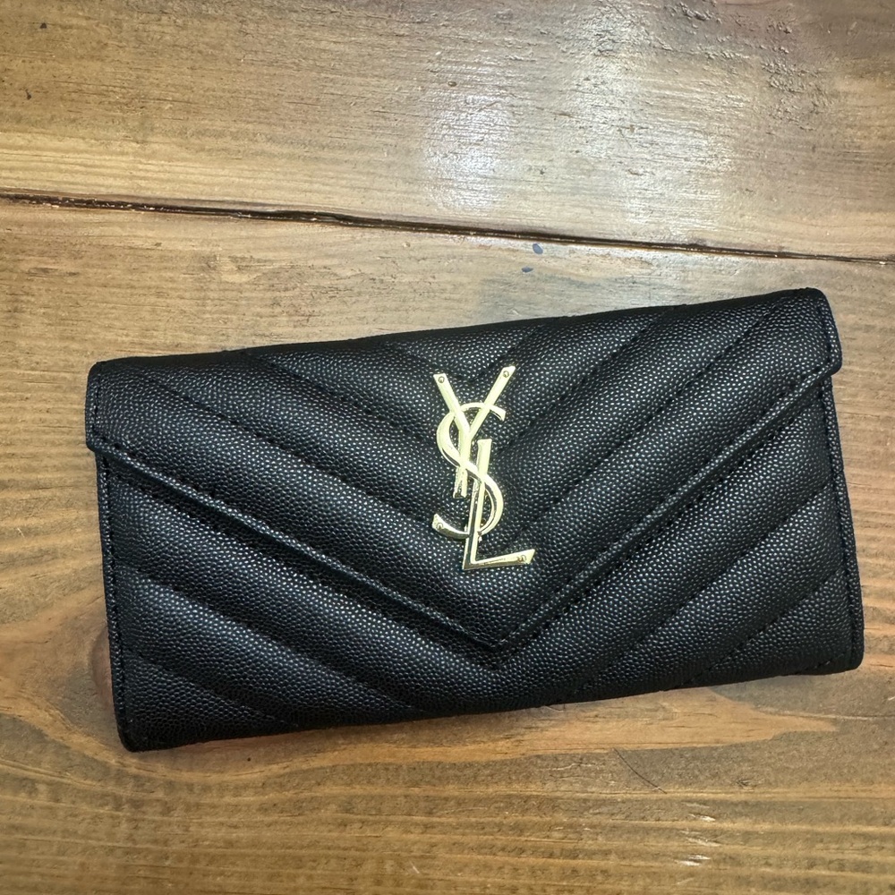 Black Quilted Wallet with Gold Logo